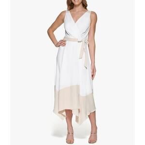 Harper Rose Crinkle Colorblock V Neck Sleeveless Asymmetrical Hem Dress Size 12